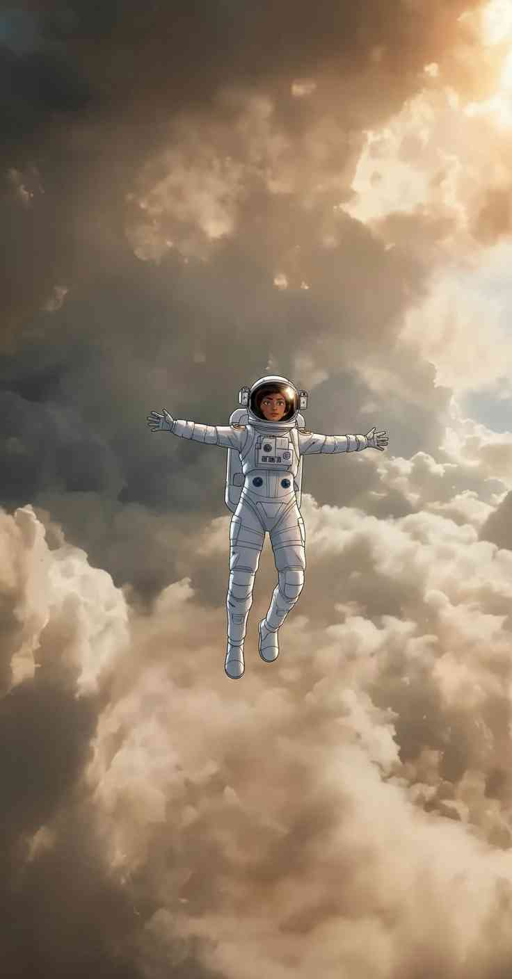 An animated girl astronaut floating with arms wide in a sea of golden and white fluffy clouds under soft sunlight.