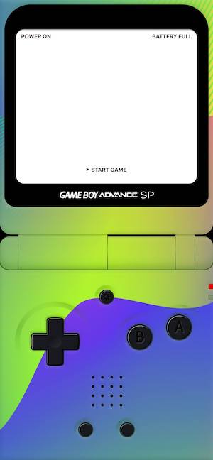A high-quality mobile wallpaper designed to look like a handheld Game Boy Advance SP console with a green and purple gradient shell, black buttons, and a white screen displaying 'START GAME'.