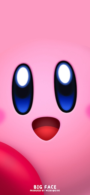 Close-up of Kirby's face with large blue eyes and an open mouth on a vibrant pink background.