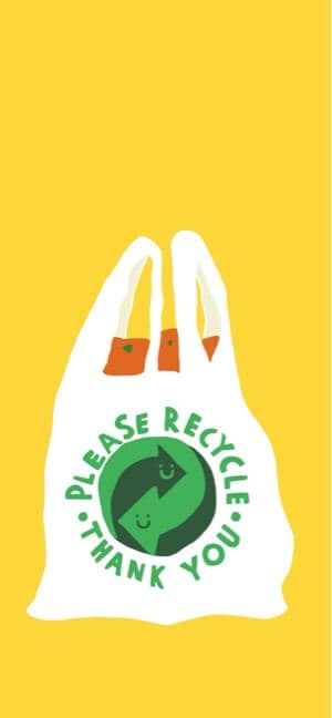 A hand-drawn illustration of a white plastic bag with a green recycle logo and smiley faces on a solid yellow background.