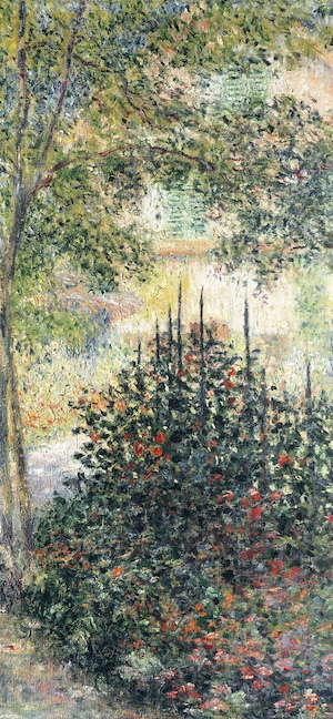An Impressionist-style oil painting of a lush green garden with a flowering bush in the foreground and a sunlit tree and house in the background.