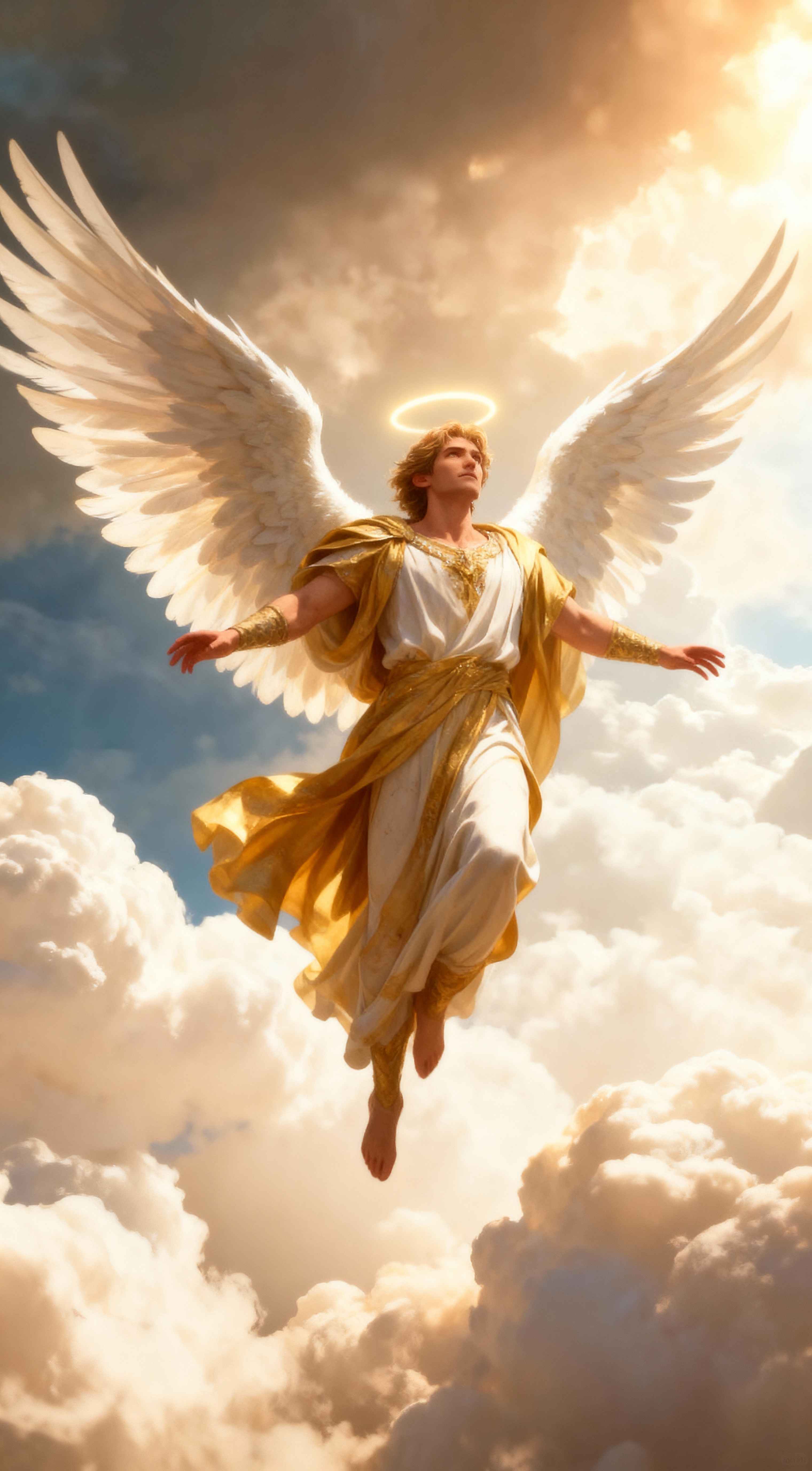 Male angel with large white wings and golden halo flying through bright clouds in a divine realistic fantasy art style.