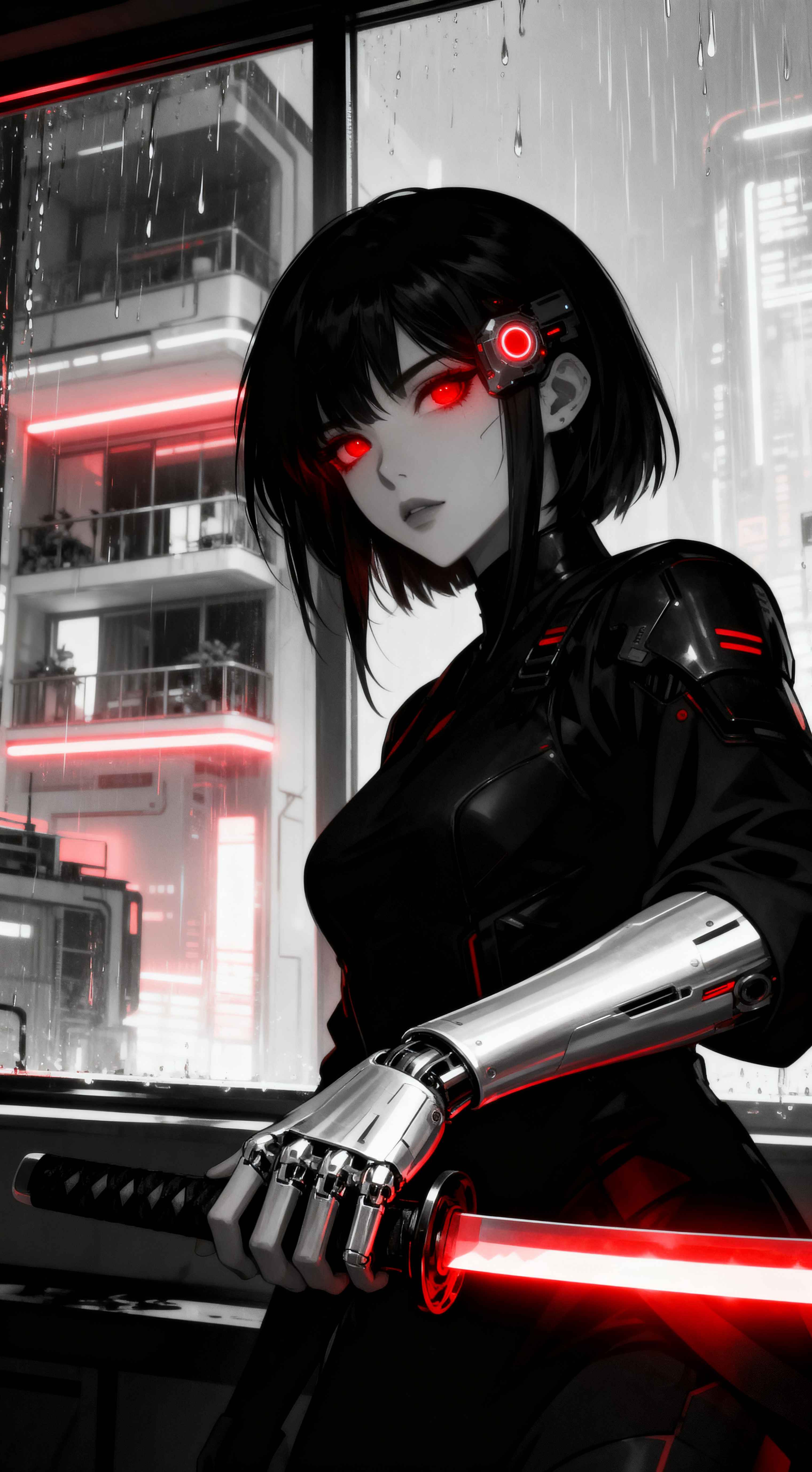 Cyberpunk anime girl with red glowing eyes, robotic silver arm, and red katana against a rainy futuristic city background.