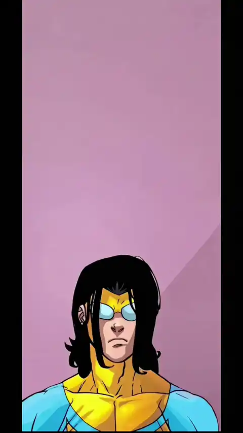 Animated comic book illustration of Mark Grayson from Invincible with long hair against a purple background, 4K live wallpaper style.