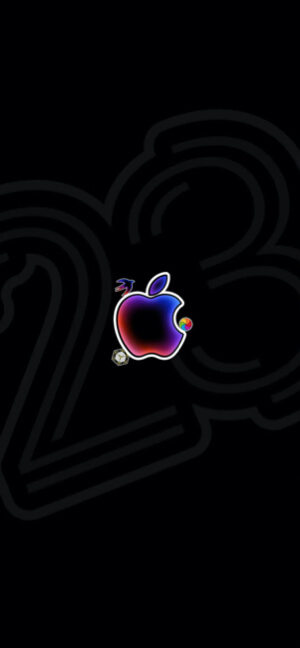 An iridescent Apple logo with neon outlines and small tech icons on a black background with a faint 23 pattern.