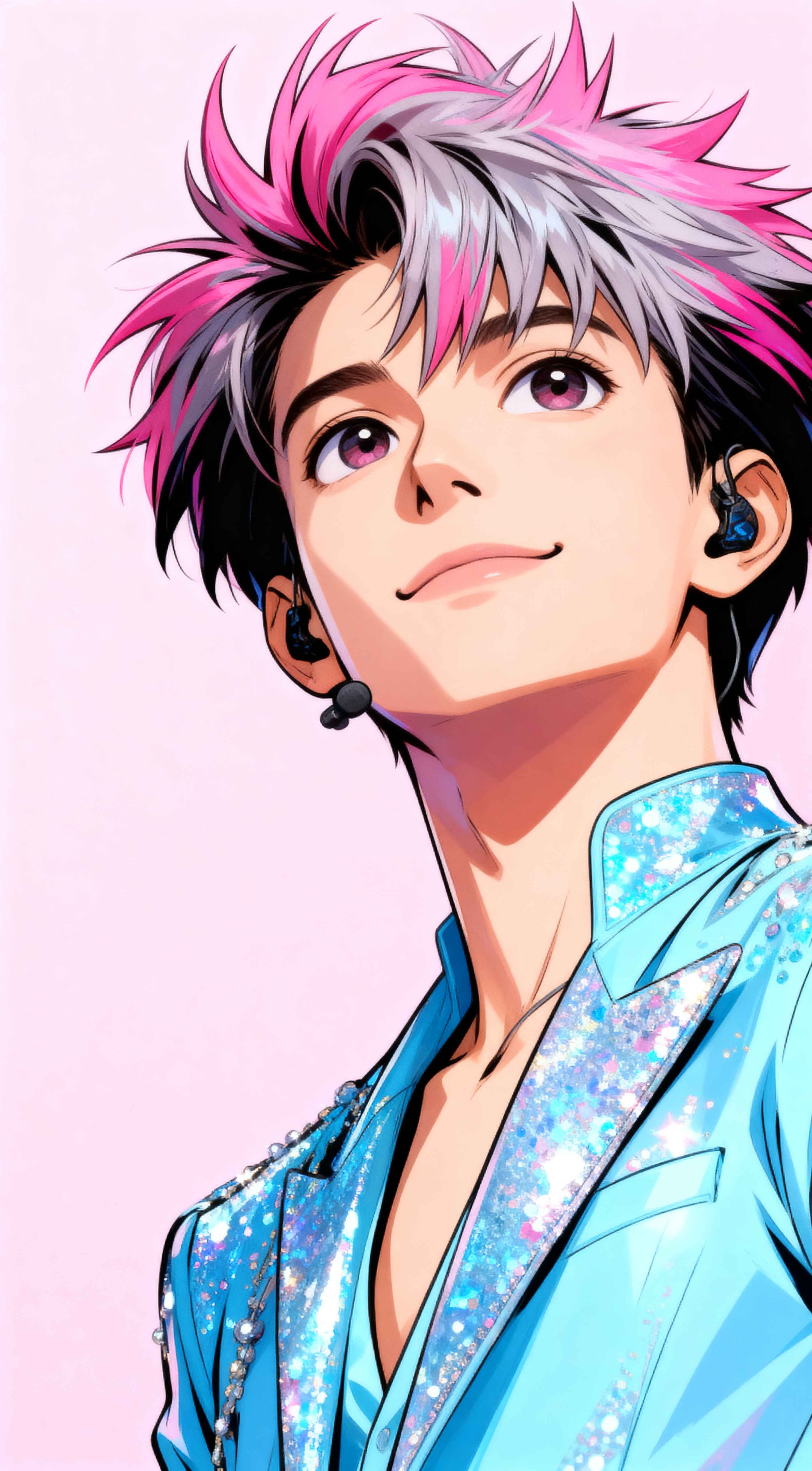 Anime boy with pink and silver hair in a blue sequined suit with stage earpieces on a pink background.