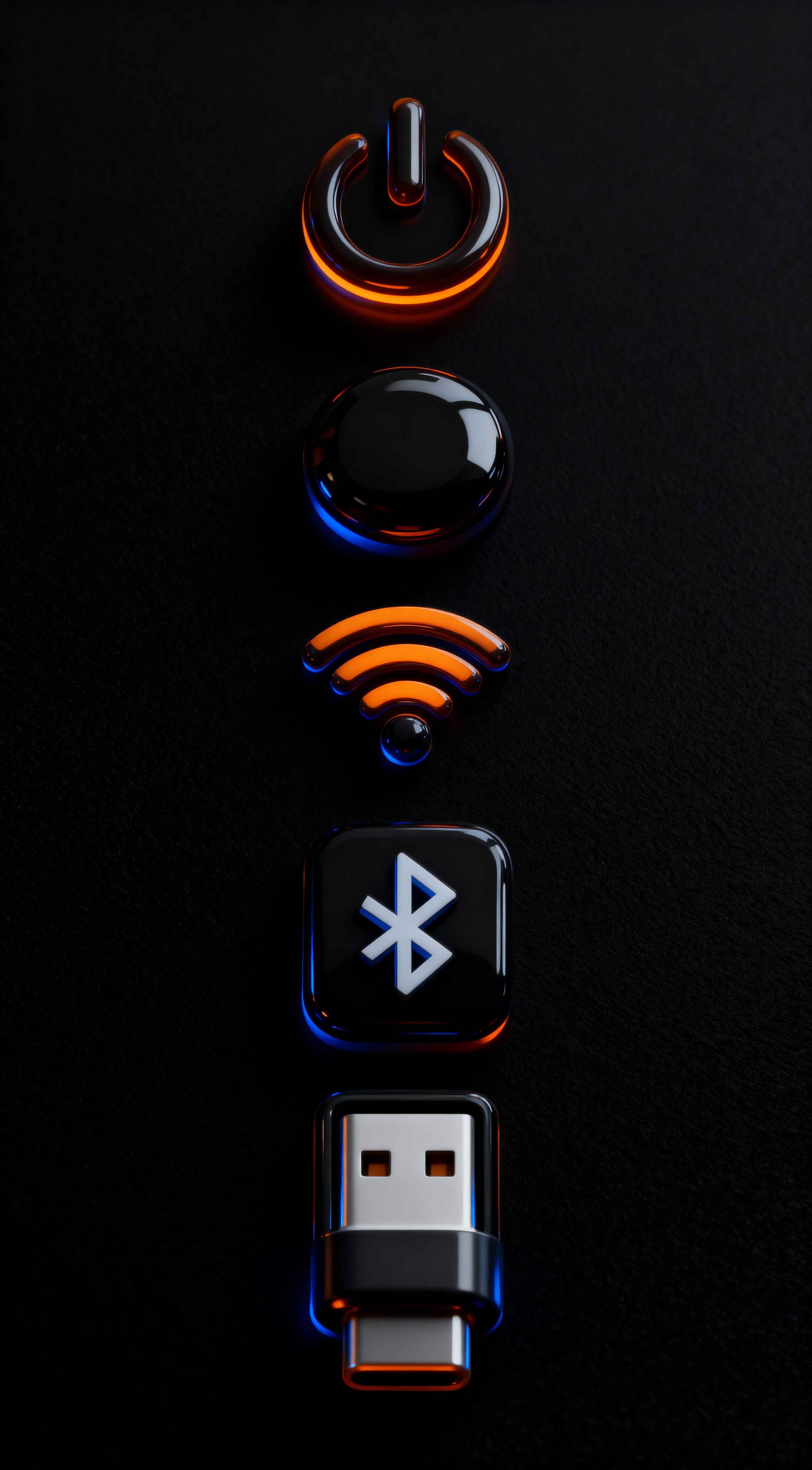 Glossy 3D tech icons with orange and blue glow on black background including Wi-Fi and Bluetooth symbols for mobile.