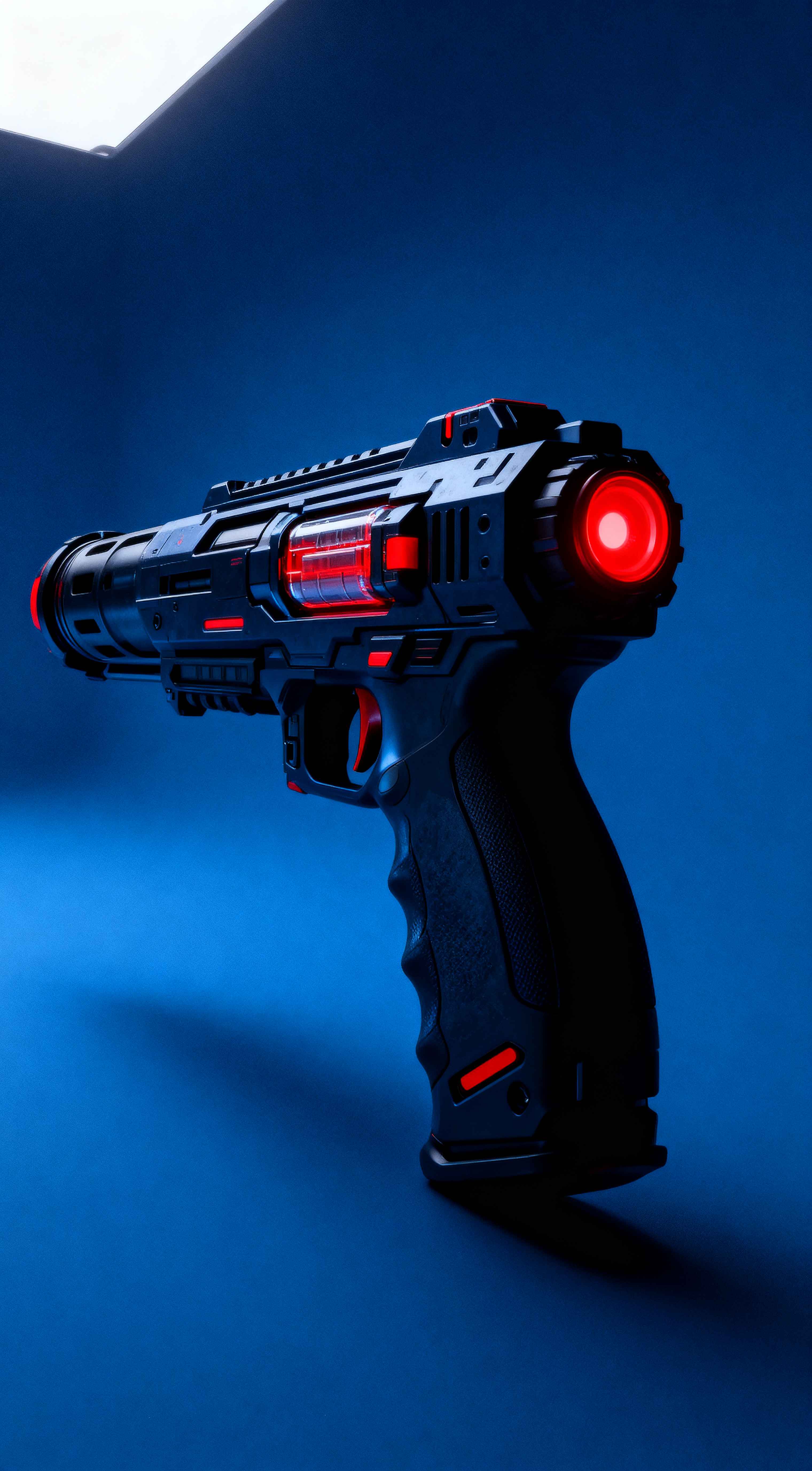 3D render of a futuristic sci-fi blaster pistol with glowing red neon lights on a vibrant blue background.