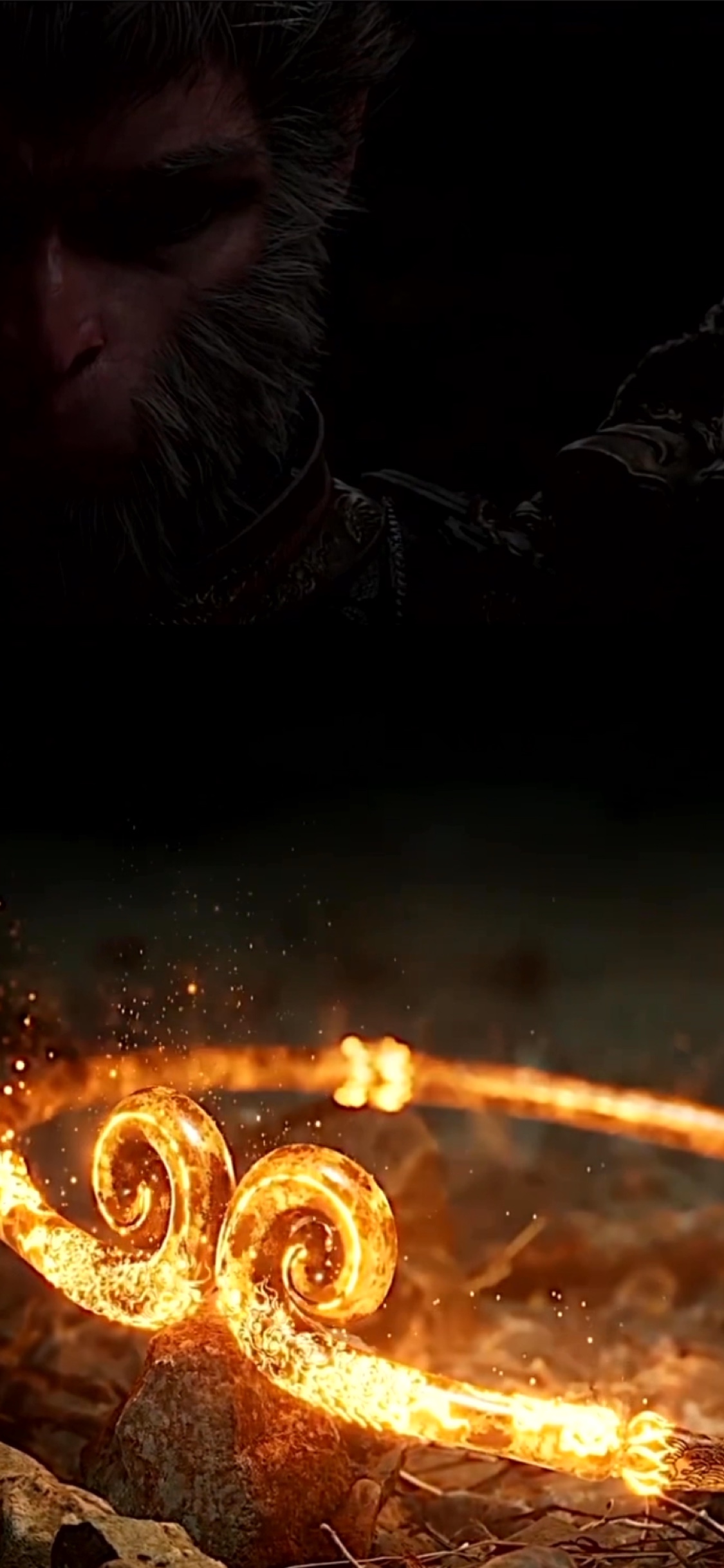 Cinematic live wallpaper of Sun Wukong from Black Myth Wukong with a glowing golden hoop and sparks.