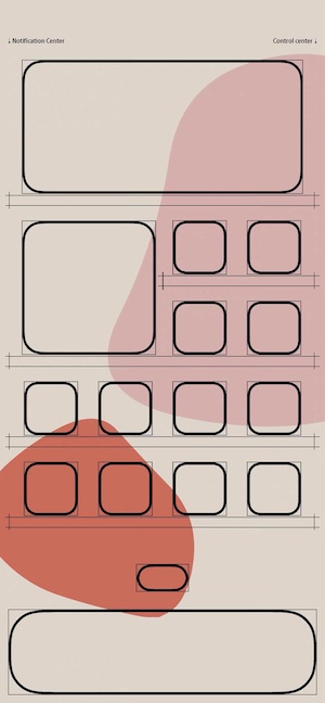 A minimalist mobile home screen organizer wallpaper featuring a grid of icon shelves and widget frames with abstract organic shapes in beige, pink, and terracotta colors.