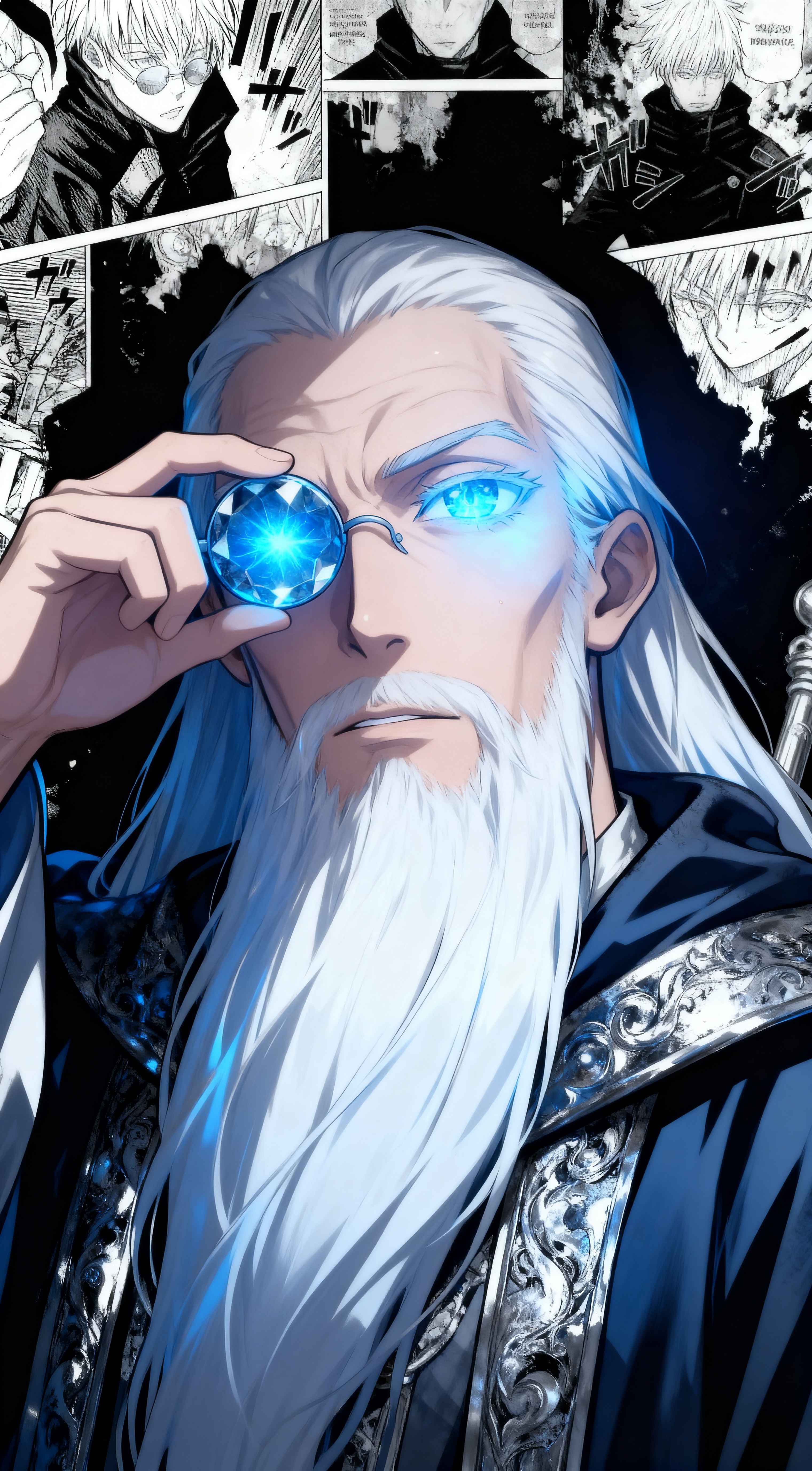 Elderly Satoru Gojo with long white beard and glowing blue eyes wearing a monocle in a manga style wallpaper.