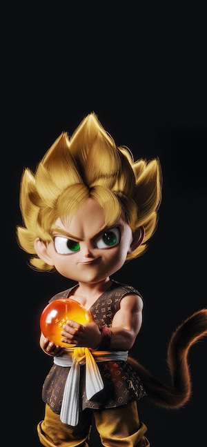 3D render of Chibi Super Saiyan Goku with golden hair holding a glowing 4-star Dragon Ball on a solid black background.
