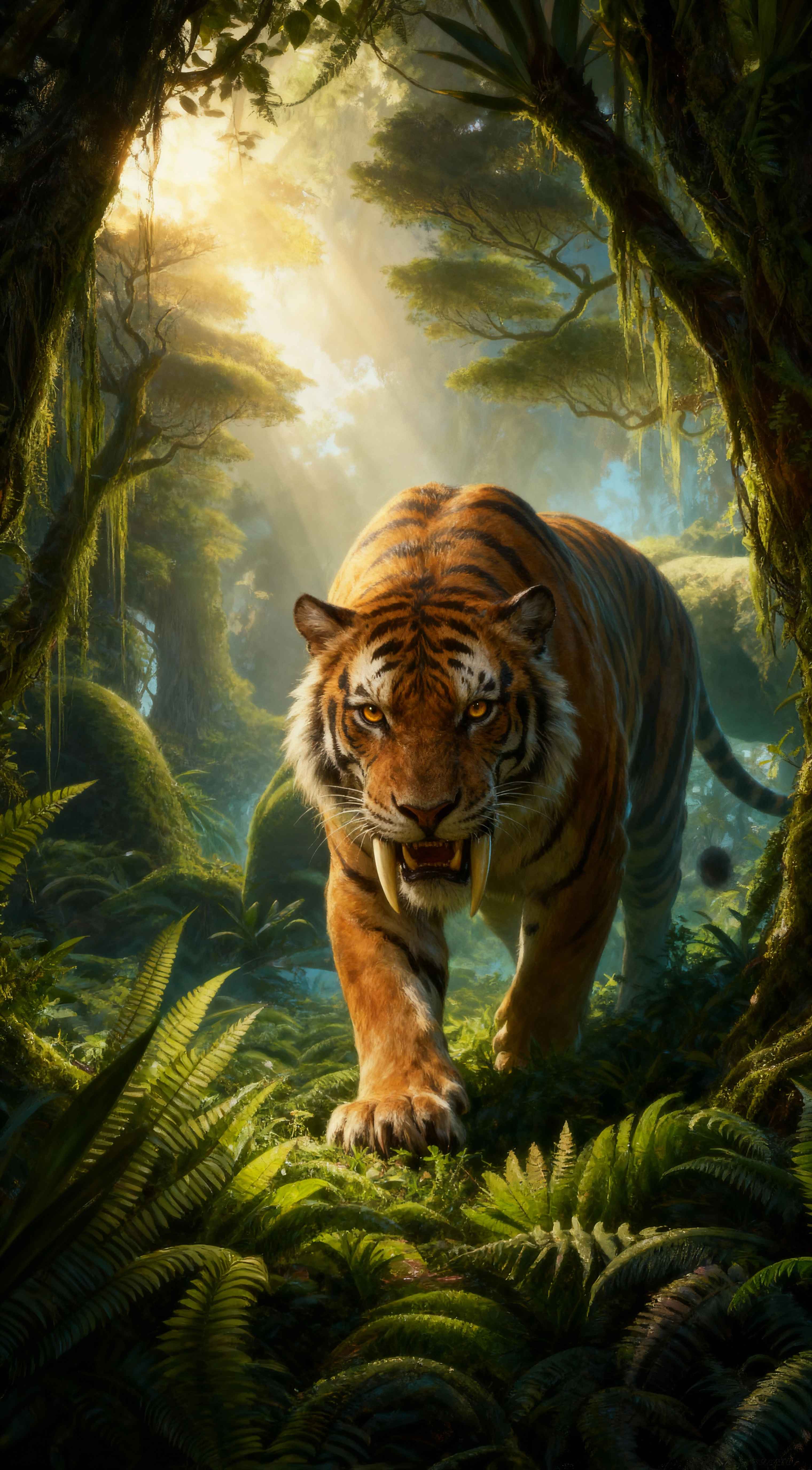 Cinematic 4K wallpaper of a saber-toothed tiger walking through a lush jungle with golden sunbeams and green ferns.