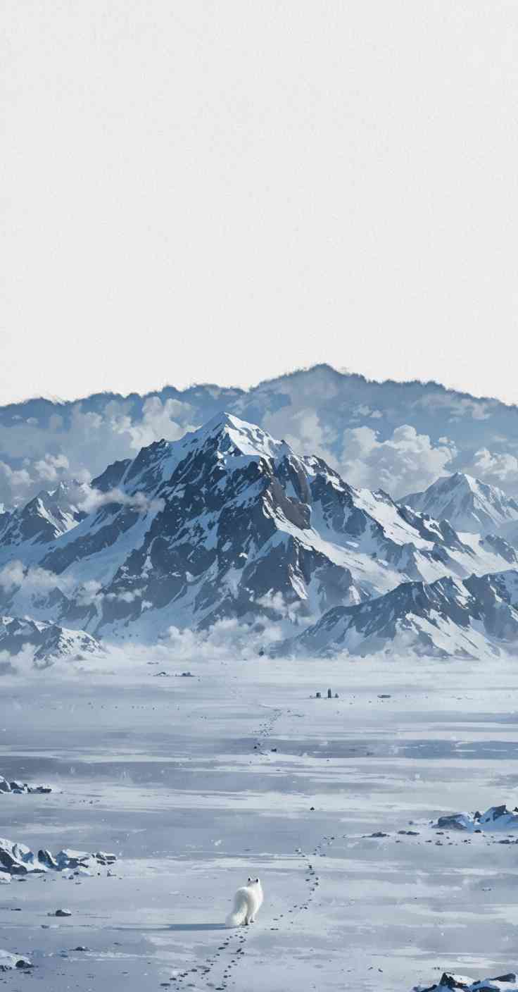 A small white arctic fox walks across a snow-covered plain towards towering blue and white mountains under a bright sky.