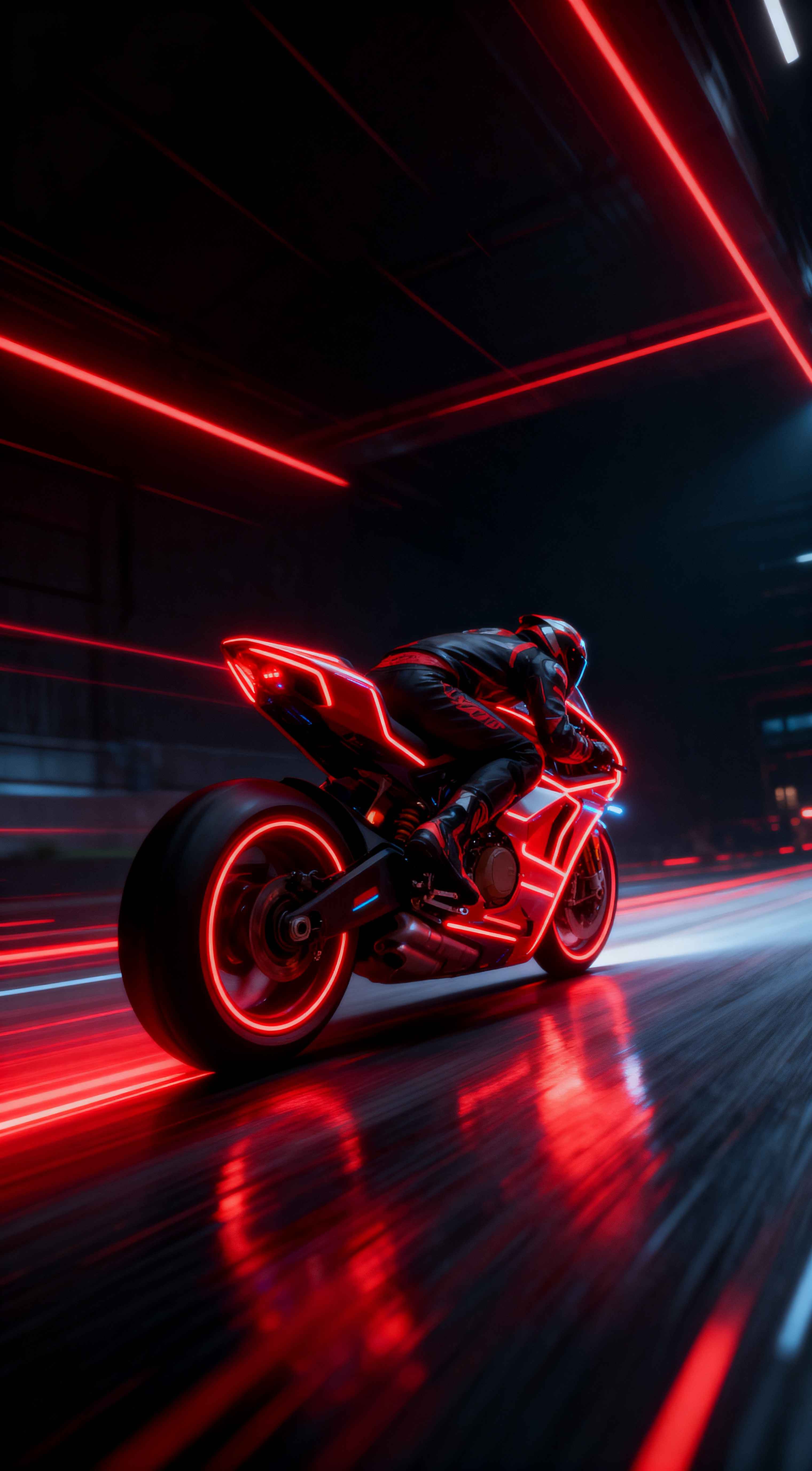 A futuristic motorcycle rider in a dark tunnel with glowing red neon lights and motion blur trails in 4K resolution.