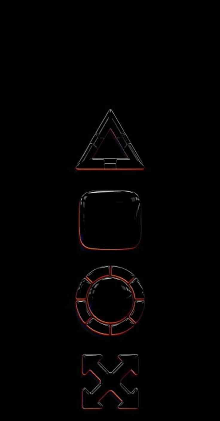 3D PlayStation controller symbols triangle square circle cross with red outlines on a black background.