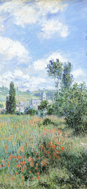 Pintura al óleo de Claude Monet titulada Campo de amapolas, que muestra un prado verde con flores rojas bajo un cielo azul despejado.