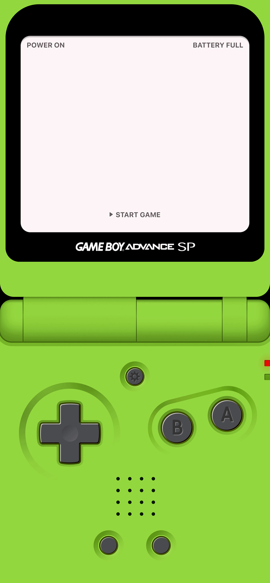 A vertical digital illustration of a lime green Game Boy Advance SP handheld console, showing the screen at the top and the D-pad and buttons at the bottom, perfectly sized for a mobile phone screen.