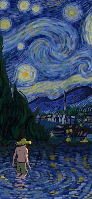 Illustration artistique de style Van Gogh montrant un homme au chapeau de paille entrant dans l'eau sous un ciel de nuit étoilée.