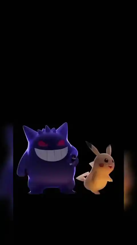 Ilustración animada de Gengar y Pikachu sobre un fondo negro profundo para fondo de pantalla móvil.