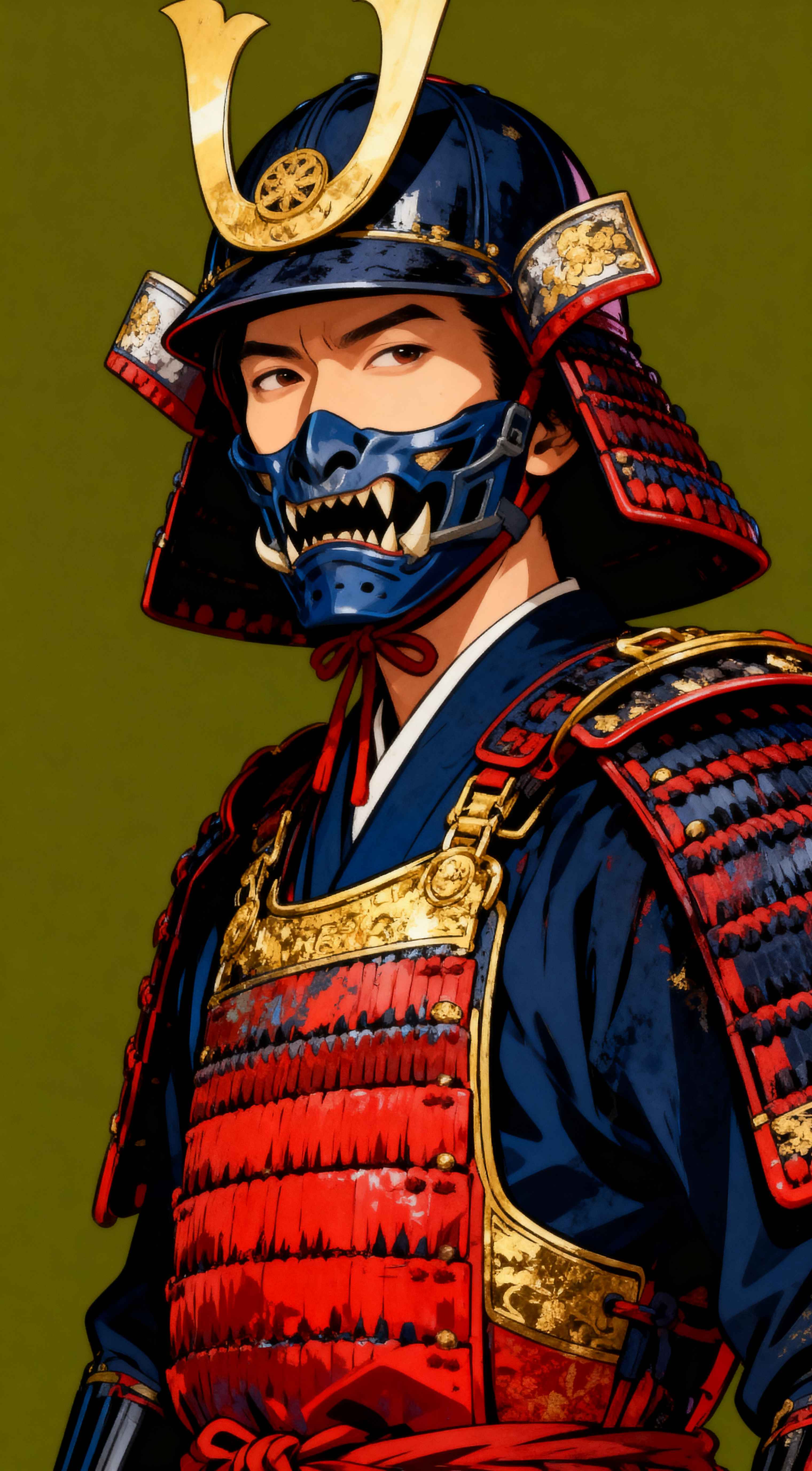 Japanese samurai warrior wearing a blue oni mask and red armor against a green background in stylized anime art.