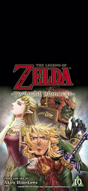 Manga cover art for The Legend of Zelda Twilight Princess featuring Link in the foreground, Princess Zelda in profile, and Ganondorf in the background.