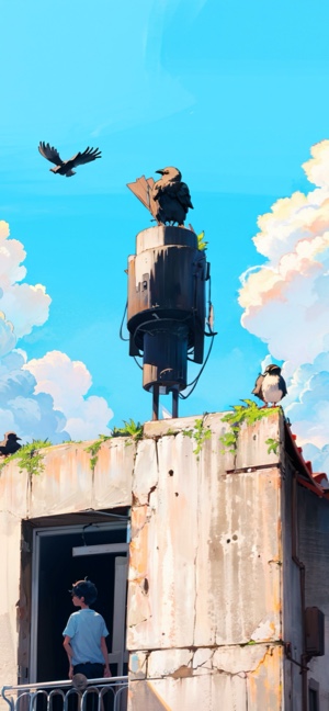 Anime-Illustration eines Jungen auf einem alten Balkon mit Krähen unter einem blauen Sommerhimmel mit weißen Wolken.
