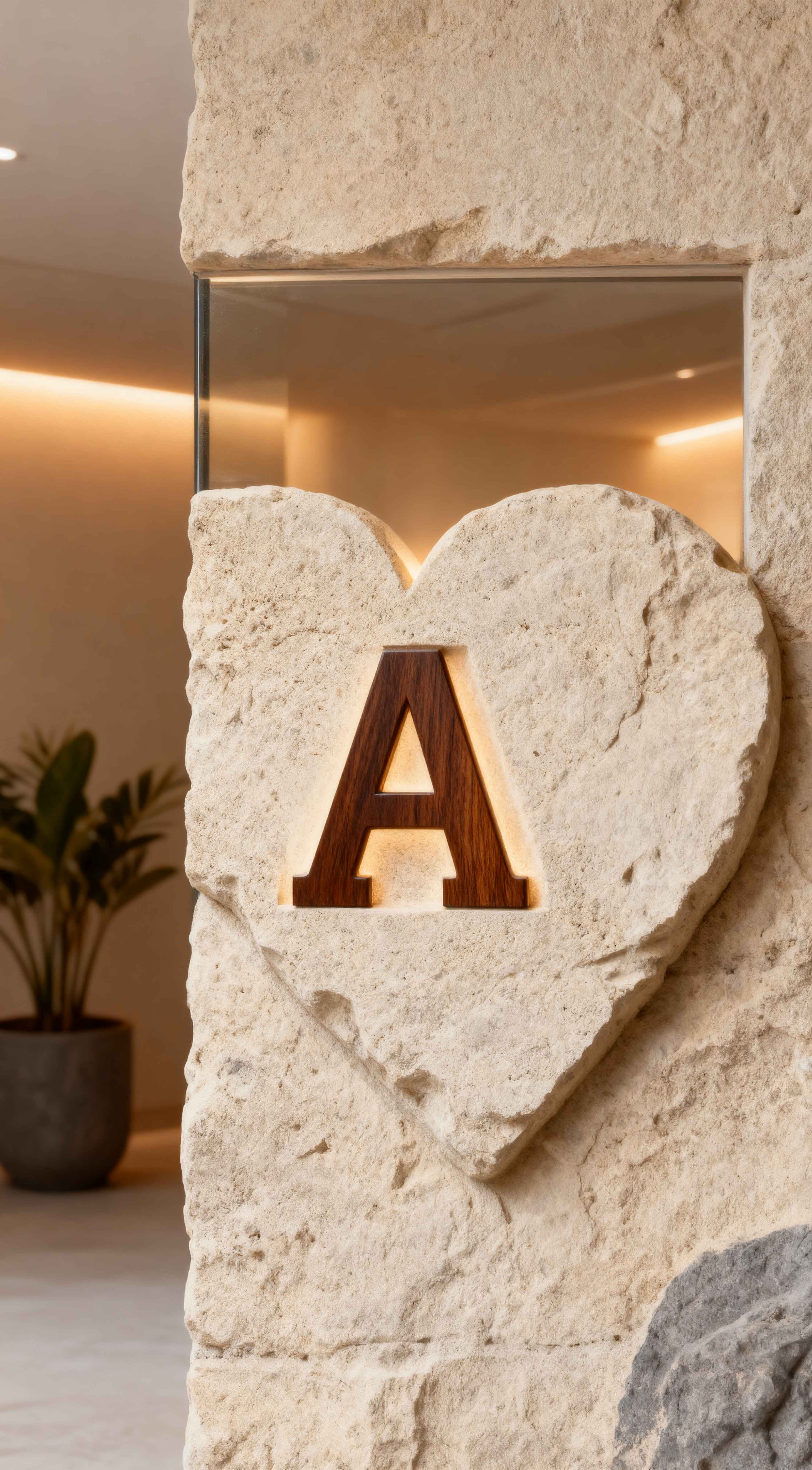 A dark wood letter A set inside a heart-shaped rough stone carving with warm backlighting and minimalist decor.