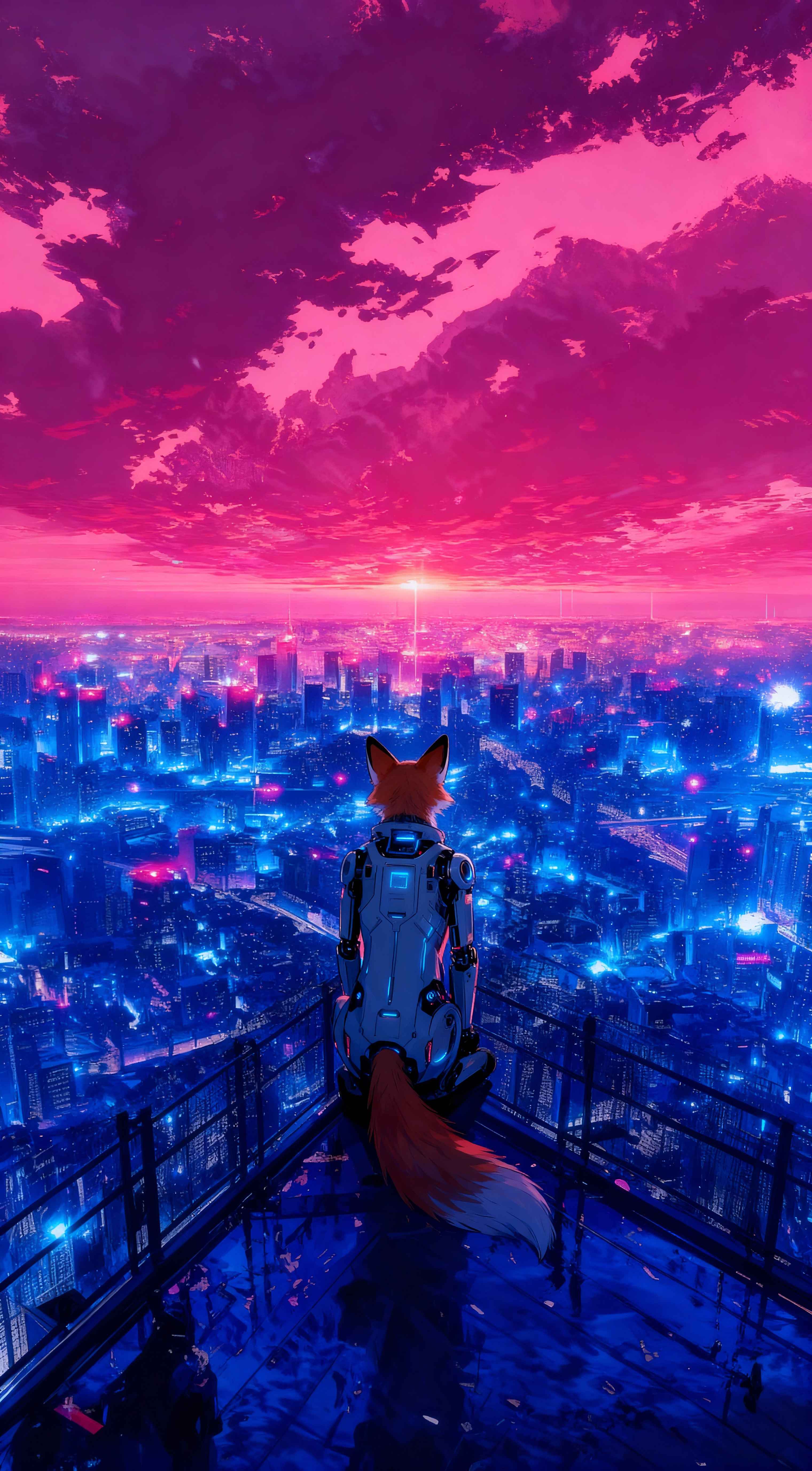 A cyborg fox with a mechanical body and bushy tail sits on a rooftop overlooking a neon pink and blue cyberpunk city.