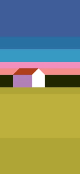 파란색과 분홍색 줄무늬 하늘 아래 노란 들판 위에 있는 보라색과 흰색의 작은 집을 그린 미니멀한 일러스트.