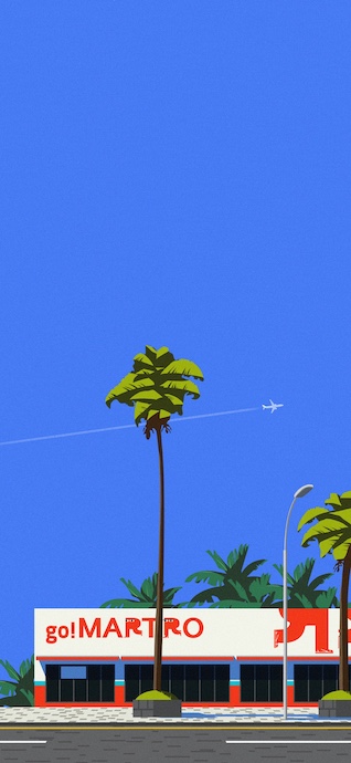 Ilustración de diseño plano de un edificio con el logo 'go! MARTRO', una palmera alta y un avión cruzando un cielo azul intenso.