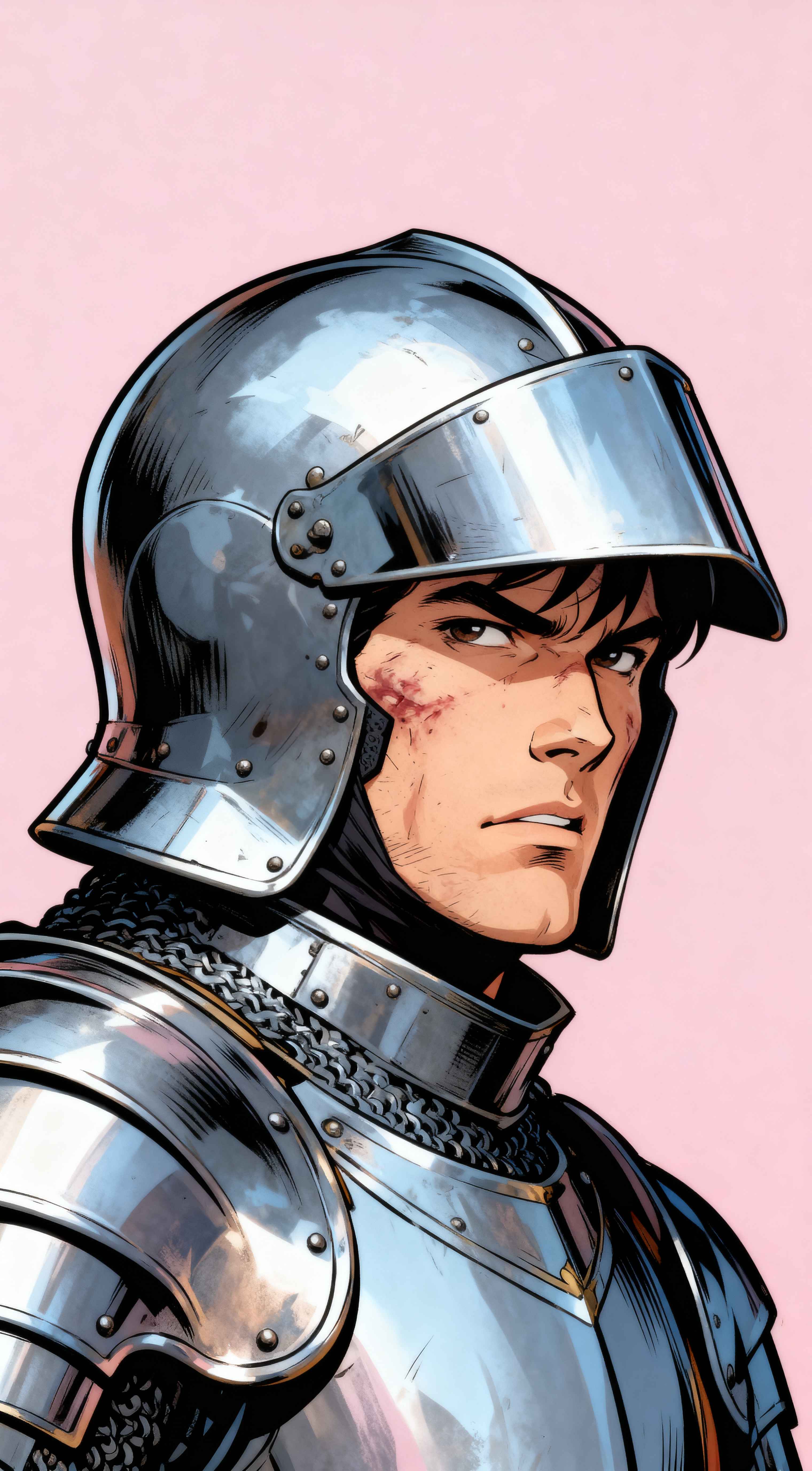 Manga illustration of Guts from Berserk wearing silver knight armor and helmet against a pink background.