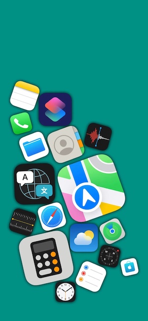 Ein Stapel verschiedener App-Icons im iOS-Stil auf einem einfarbigen blaugrünen Hintergrund.