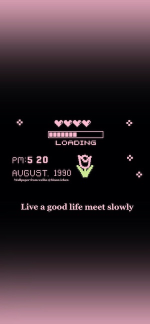 Retro Pixel-Art Ladebalken mit rosa Herzen und einer Tulpe auf schwarzem Grund.