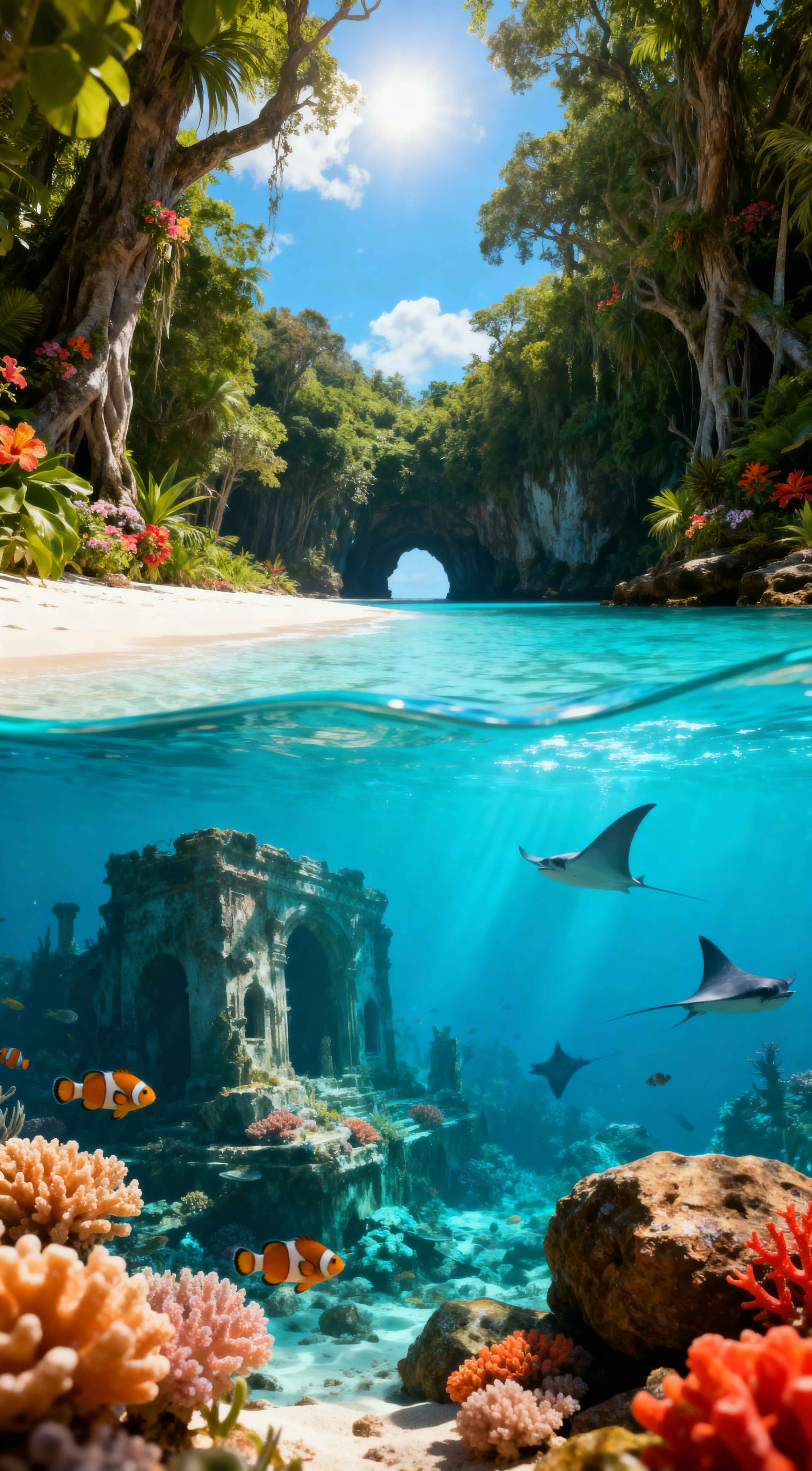 Split view of a tropical beach above and an ancient underwater ruin with clownfish and stingrays in bright sunlight.