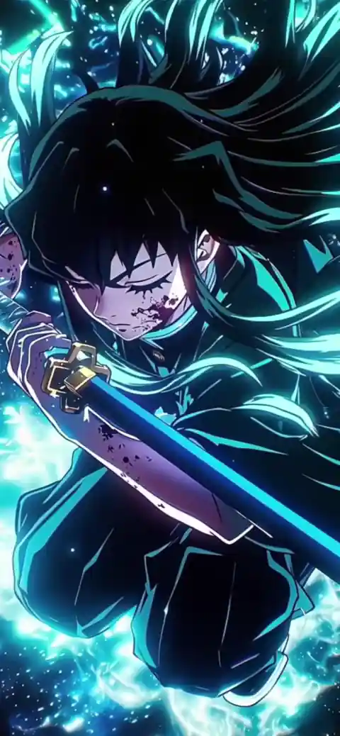 鬼滅之刃時透無一郎使用霞之呼吸的動態插圖，帶有青藍色能量粒子。