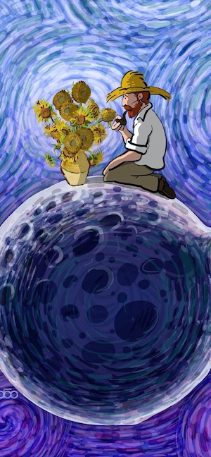 An illustration of Vincent van Gogh sitting on a small planet smoking a pipe, looking at sunflowers in a vase with a Starry Night style blue background.