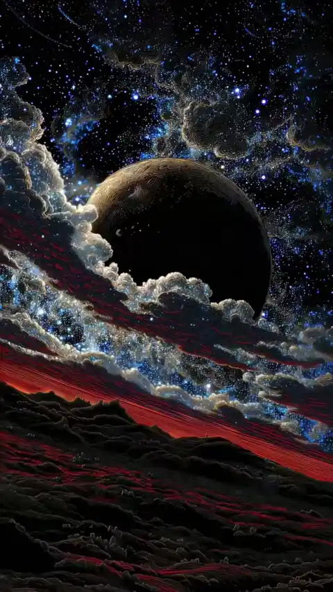 Animated cosmic live wallpaper featuring a dark planet surrounded by glowing blue stars and red atmospheric clouds in deep space.