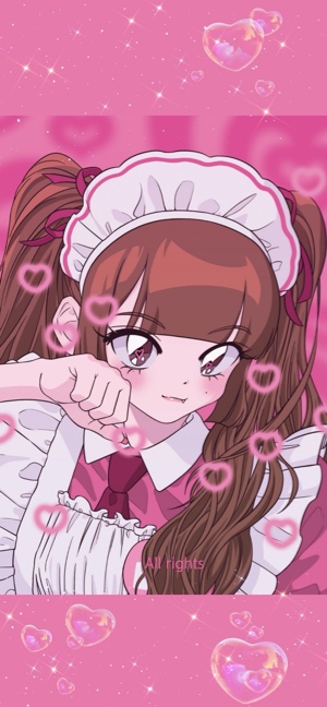 Ein Anime-Mädchen mit braunen Zöpfen im Maid-Kostüm vor einem pinken Hintergrund mit Herzen und Glitzer.