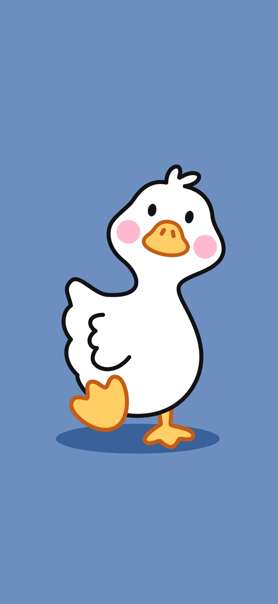 Animated minimalist illustration of a cute white duck with pink cheeks on a blue background.