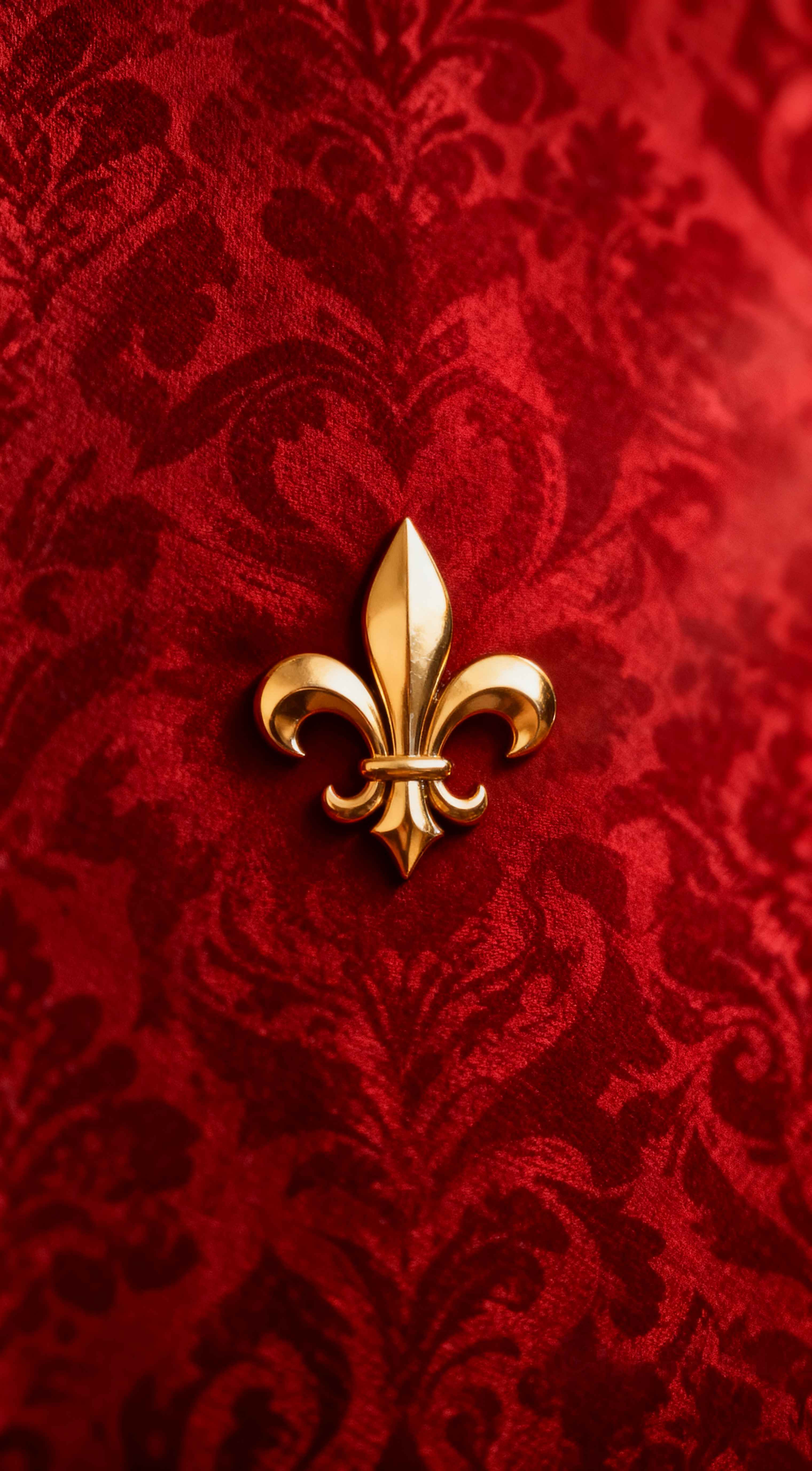 Gold fleur-de-lis symbol on a textured red damask velvet fabric background with elegant floral patterns.