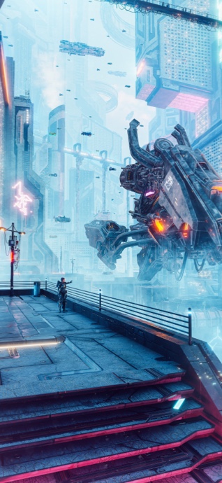 A futuristic cyberpunk cityscape in cyan and purple hues featuring a giant mechanical ship hovering near a person on a balcony.