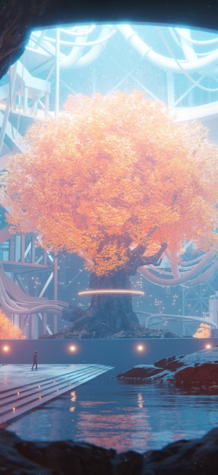 在未來風格的白色建築內，一棵發光的橙色大樹，前方有階梯與水池，充滿幻想色彩。