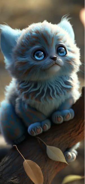 Un chaton bleu duveteux aux yeux bleus brillants assis sur une branche d'arbre en automne.