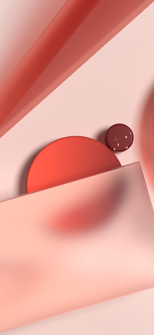 A 3D abstract composition featuring soft pink and coral spheres, cylinders, and a frosted glass plane with soft shadows and professional lighting.