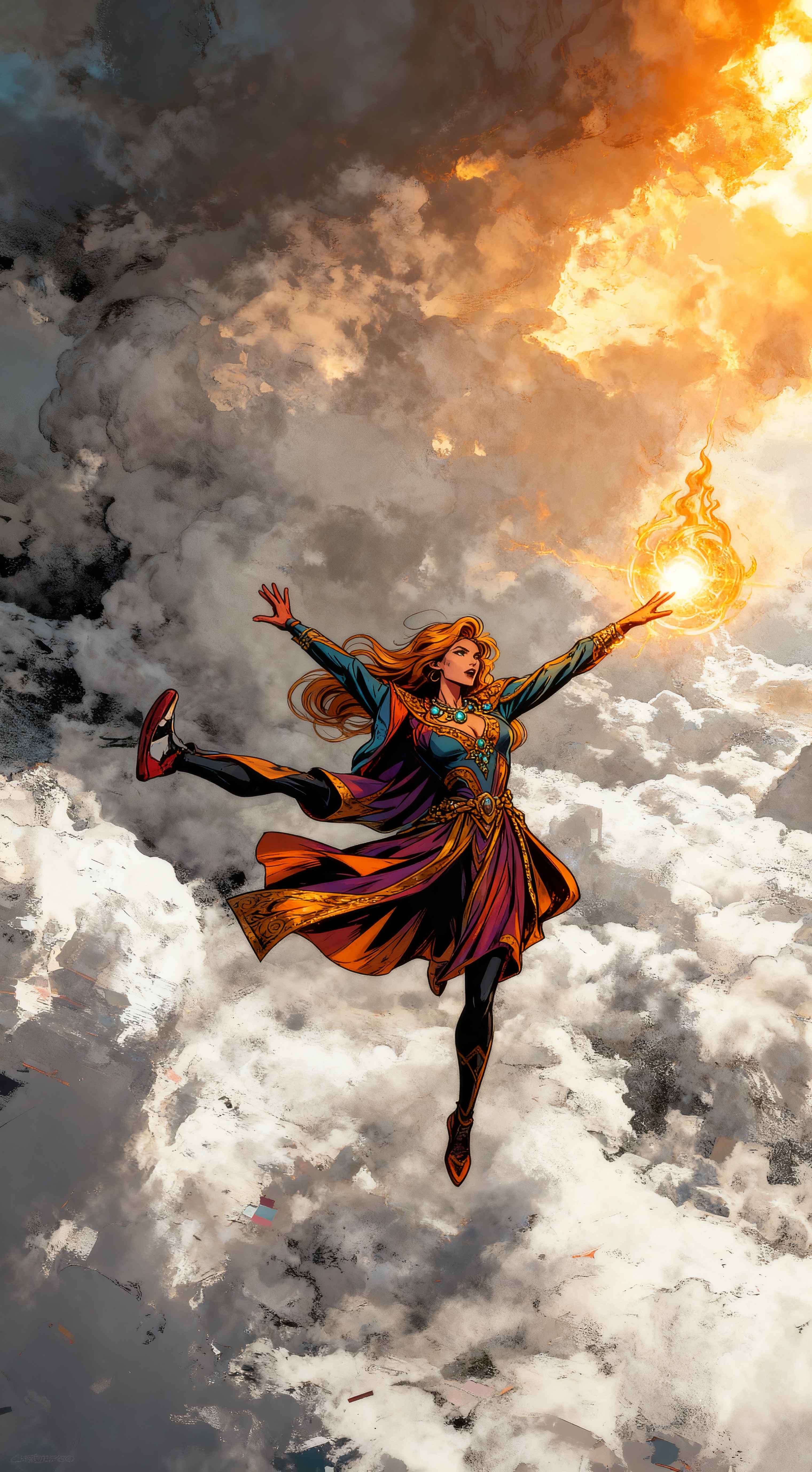 Red-haired sorceress in purple robes flying through storm clouds while casting a bright orange fire spell, comic style art.
