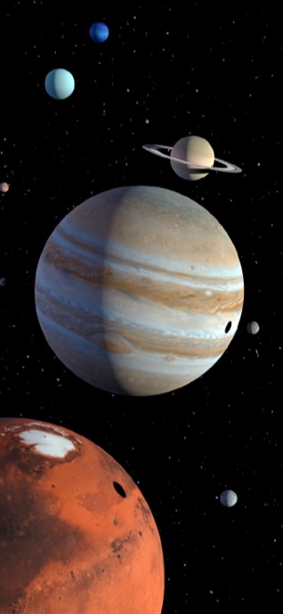 Ein realistischer vertikaler 3D-Render der Planeten des Sonnensystems einschließlich Jupiter, Mars und Saturn vor einem schwarzen, sternenklaren Weltraumhintergrund.