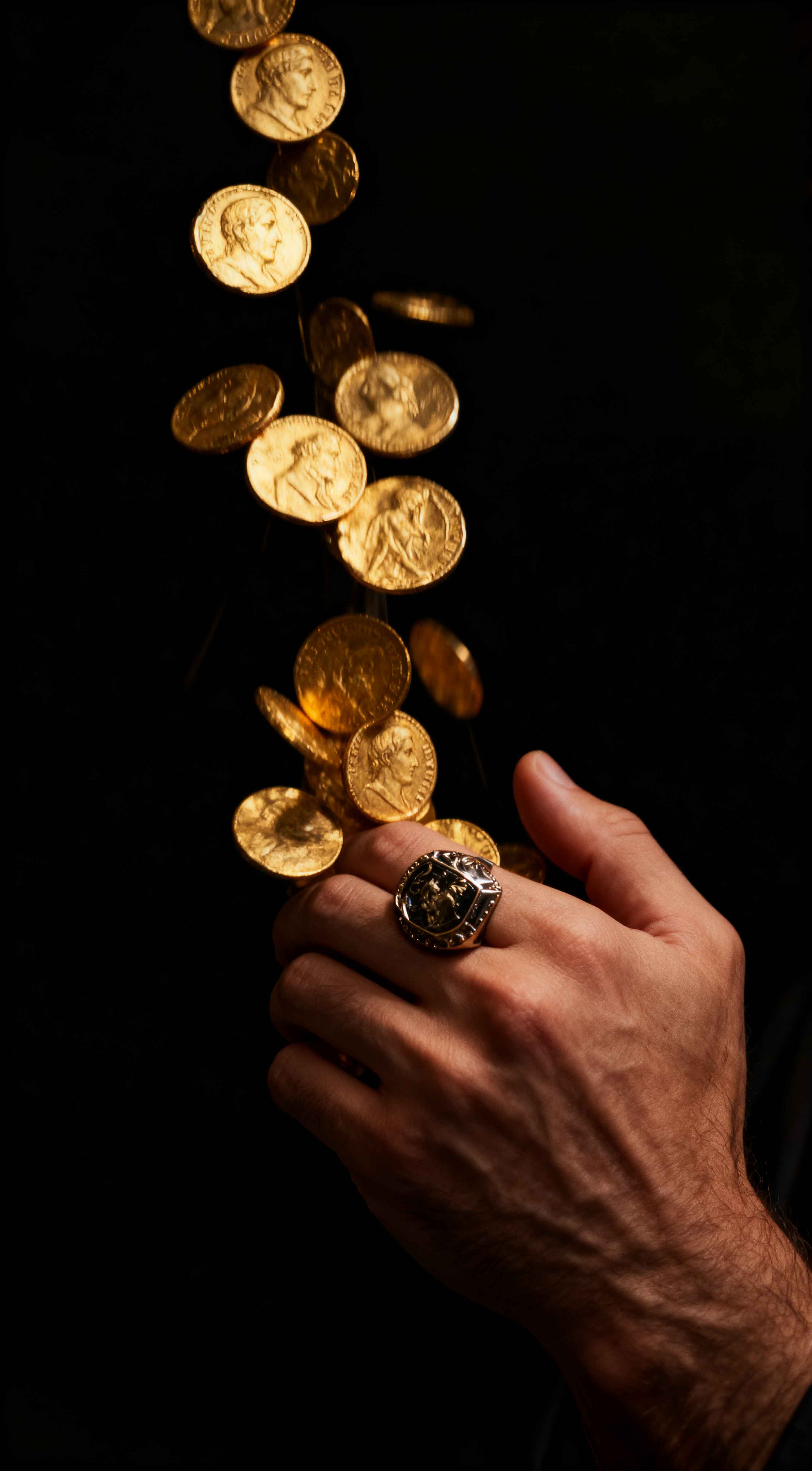 Ancient gold Roman coins falling onto a man's hand wearing a signet ring against a black background.