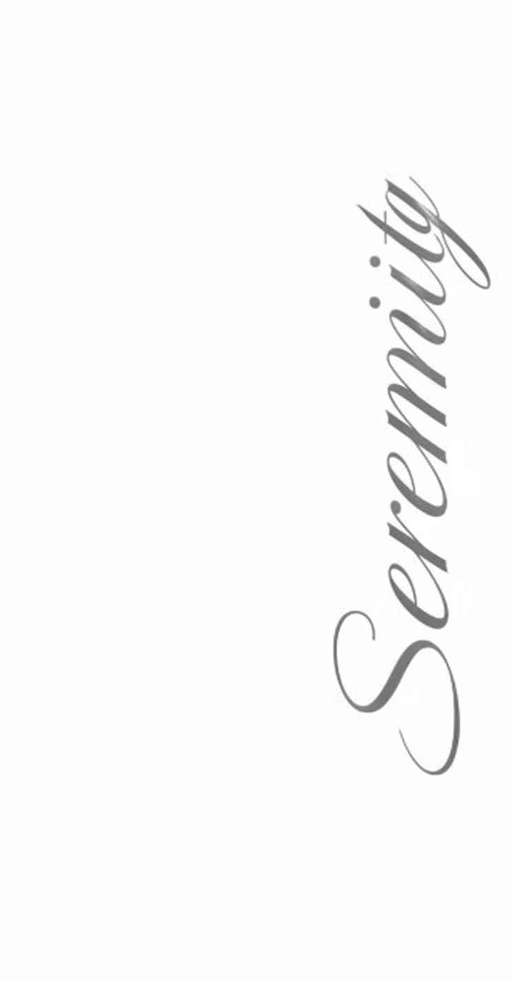 Elegant vertical cursive text reading Serenity in grey on a clean white background, minimalist mobile aesthetic.