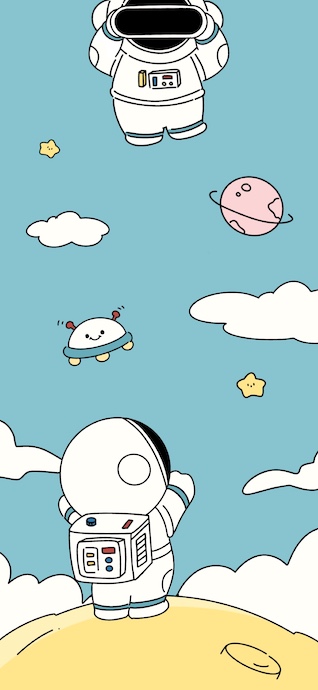 연하늘색 배경에 귀여운 우주비행사, 미소 짓는 UFO, 분홍색 행성, 별들이 그려진 손그림 일러스트.